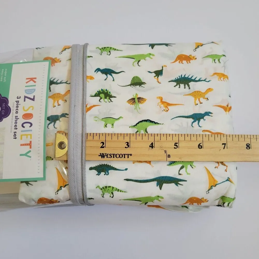 Green Yellow Dinosaurs Triceratops Pterodactyl 3 pc Twin Sheet Set Kids Jurassic